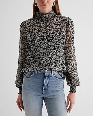 Floral Sheer Smocked Mock Neck Long Sleeve Top Multi-Color Women's XS