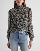 Floral Sheer Smocked Mock Neck Long Sleeve Top