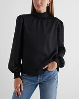 Textured Satin Smocked Mock Neck Long Sleeve Top Black Women's