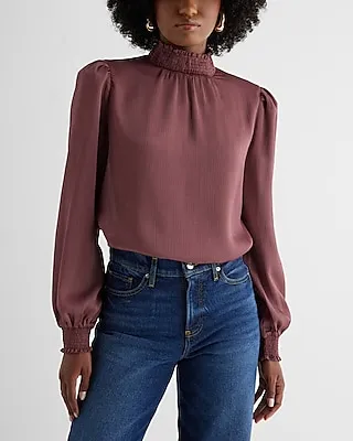 Textured Satin Smocked Mock Neck Long Sleeve Top