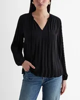 Pleated Tie V-Neck Balloon Sleeve Top Black Women's S