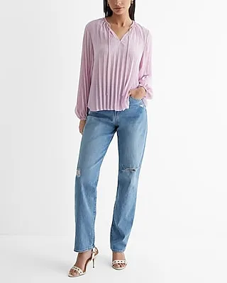 Pleated Tie V-Neck Balloon Sleeve Top Pink Women's L
