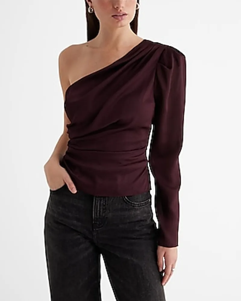 Textured Satin Draped One Shoulder Puff Sleeve Top