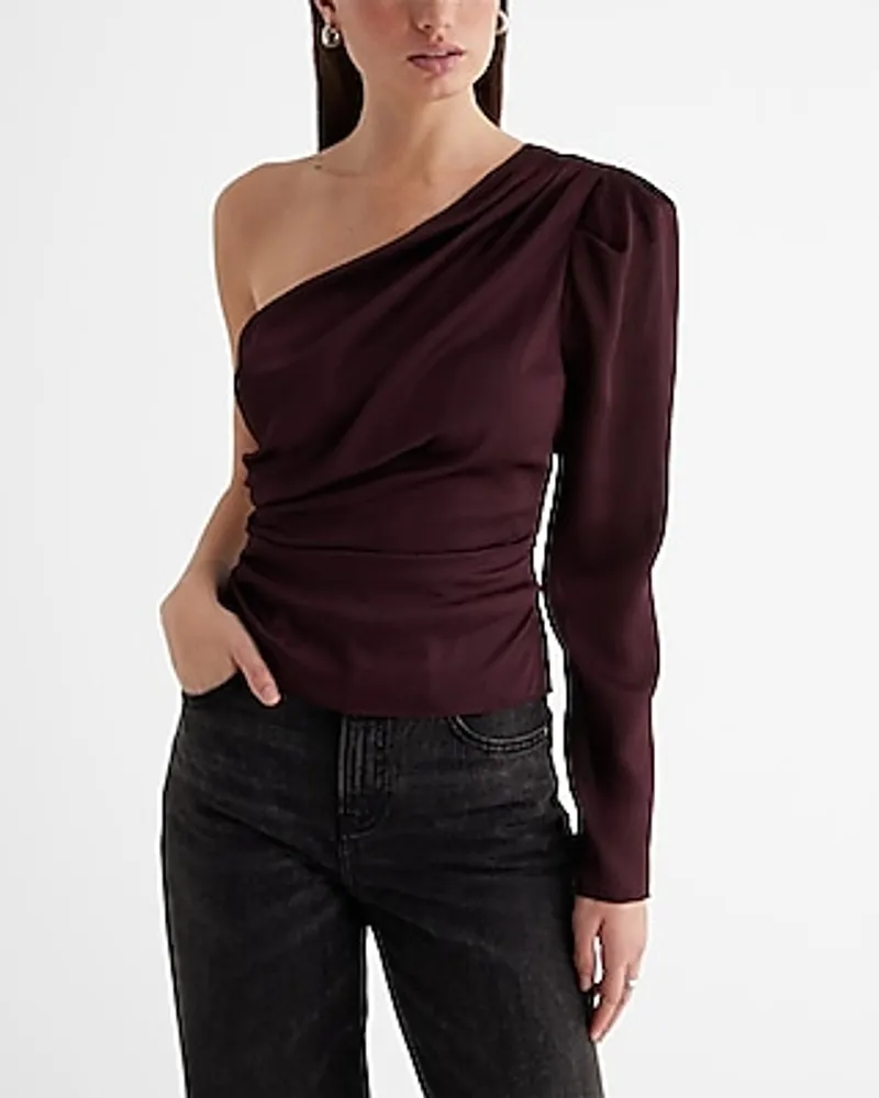 Textured Satin Draped One Shoulder Puff Sleeve Top Red Women