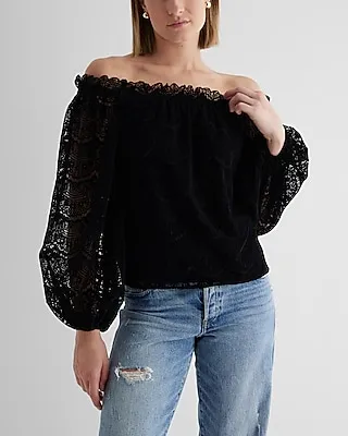 Velvet Lace Ruffle Neck Off The Shoulder Balloon Sleeve Top
