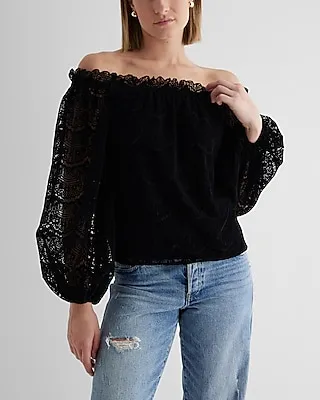 Velvet Lace Ruffle Neck Off The Shoulder Balloon Sleeve Top Black Women