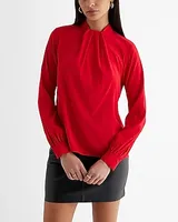 Satin Twist Mock Neck Long Sleeve Top Red Women's M