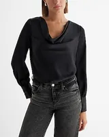 Satin Cowl Neck Long Sleeve Bodysuit Black Women's