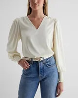 Satin V-Neck Long Sleeve Smocked Cuff Top White Women's XS