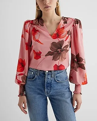 Satin Floral V-Neck Long Sleeve Smocked Cuff Top Multi-Color Women's