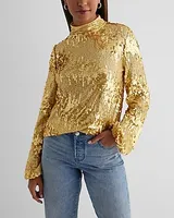 Sequin Mock Neck Balloon Sleeve Top Gold Women's