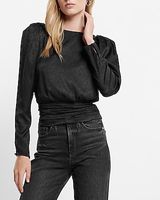 Jacquard Crew Neck Puff Sleeve Banded Bottom Top