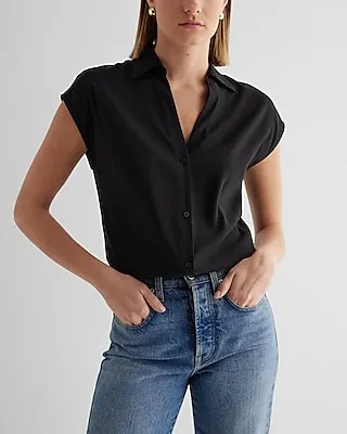 Satin V-Neck Cap Sleeve Open Collar Shirt Women