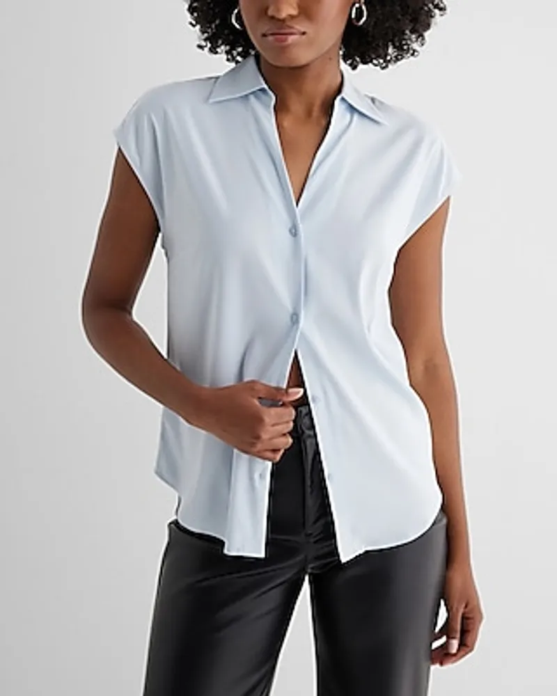 Satin V-Neck Cap Sleeve Open Collar Shirt Women's