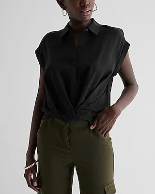 Short Sleeve Twist Portofino Shirt Black Women's XS