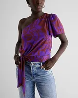 Satin Printed One Shoulder Tie Waist Top Purple Women's XS