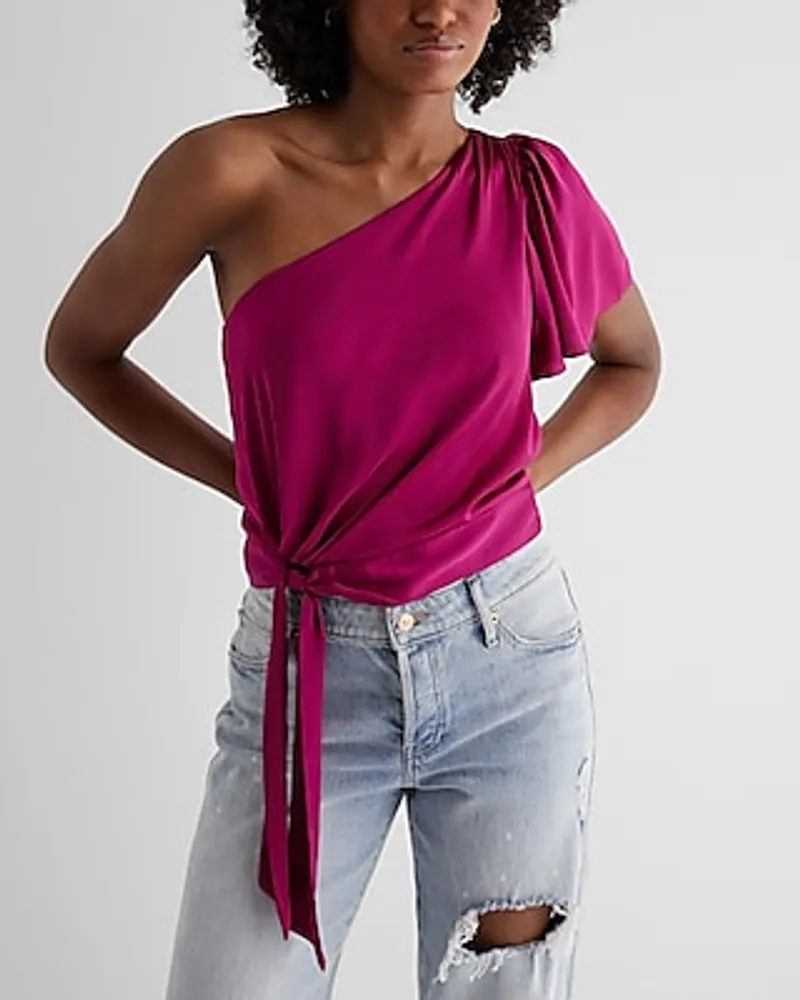 Satin One Shoulder Tie Waist Top Pink Women's XS