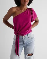 Satin One Shoulder Tie Waist Top Pink Women's XS