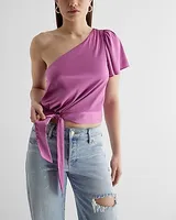 Satin One Shoulder Tie Waist Top Purple Women's S