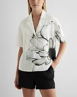 Floral Short Sleeve Button Up Boxy Shirt Black Women's XS