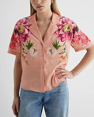 Floral Short Sleeve Button Up Boxy Shirt