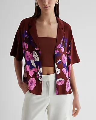 Floral Short Sleeve Button Up Boxy Shirt Multi-Color Women's