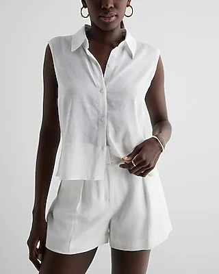 Linen-Blend Sleeveless Button Up Shirt White Women's XL
