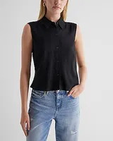 Linen-Blend Sleeveless Button Up Shirt Black Women's L