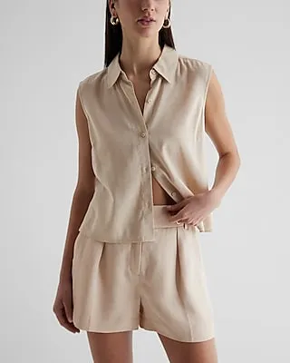 Linen-Blend Sleeveless Button Up Shirt Neutral Women's