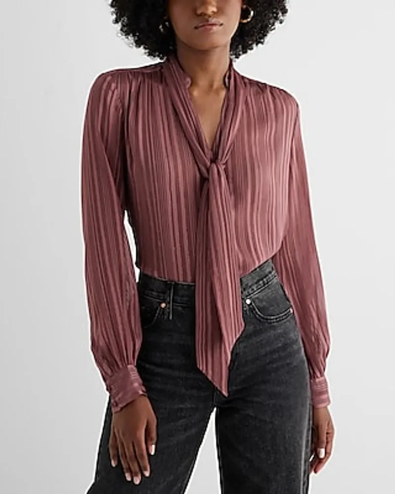 Slim Metallic Striped Tie Neck Portofino Shirt Purple Women's L