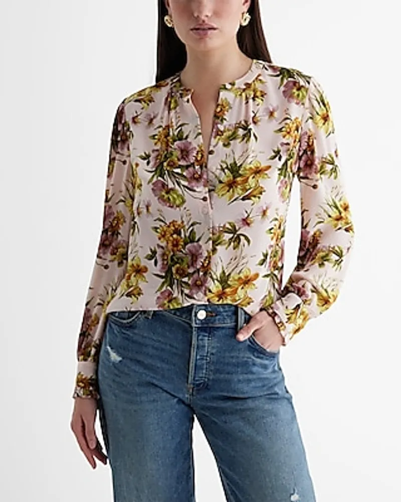 Floral Gathered Neck Portofino Shirt