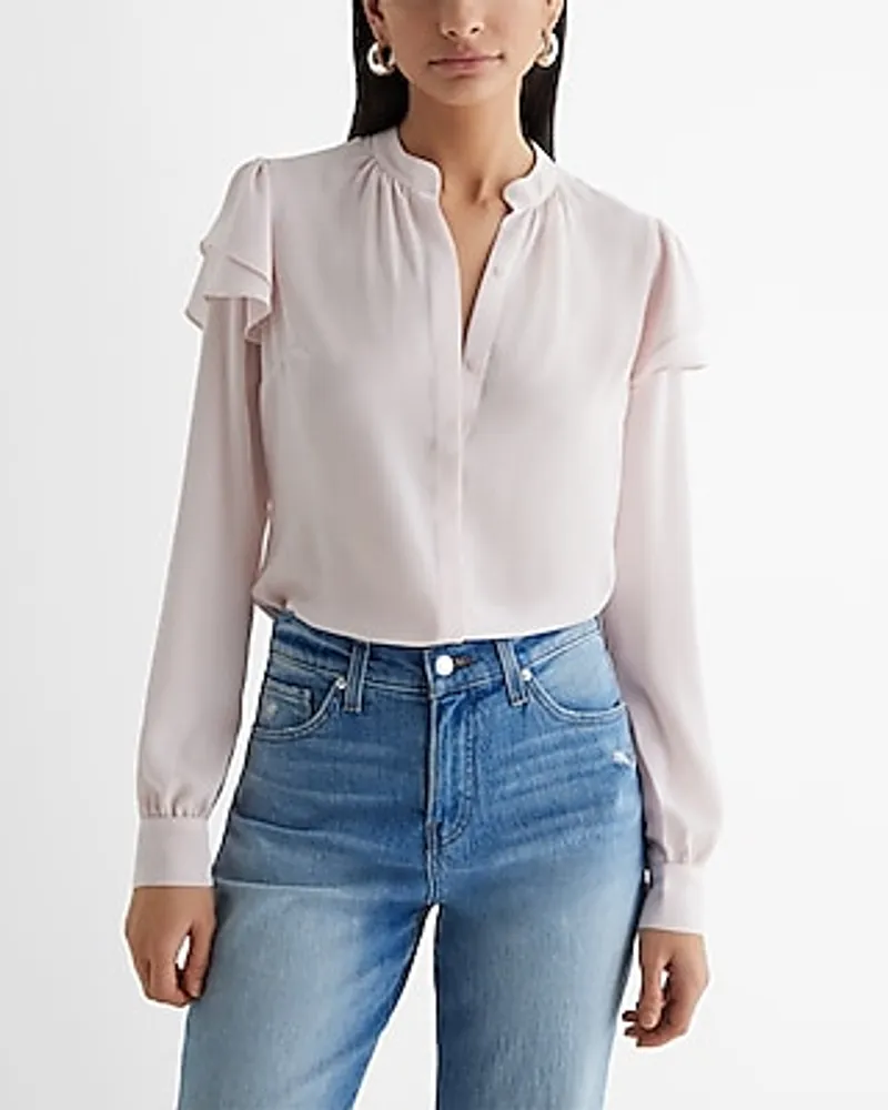 Relaxed Gathered Neck Ruffle Shoulder Portofino Shirt Pink Women's