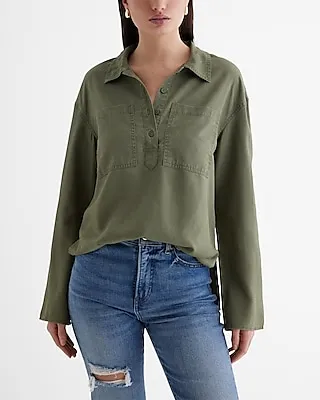 Half Button Up Front Pocket Shirt Green Women's M