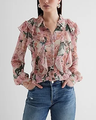 Relaxed Floral Ruffle Front Portofino Shirt Multi-Color Women's S