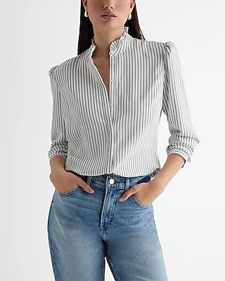 Slim Striped Ruffle Neck Portofino Shirt Multi-Color Women's L