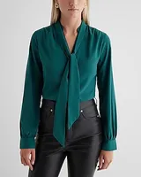 Relaxed Satin Long Sleeve Tie Neck Portofino Shirt Green Women's XS