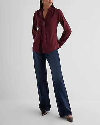 Relaxed Satin Long Sleeve Tie Neck Portofino Shirt Red Women's XS