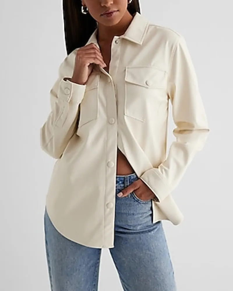 Faux Leather Drop Shoulder Oversized Shacket White Women's