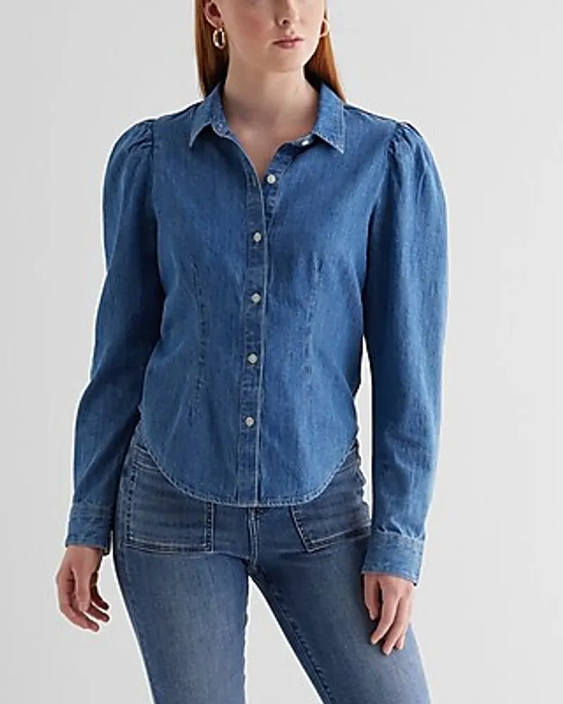 Denim Puff Sleeve Portofino Shirt