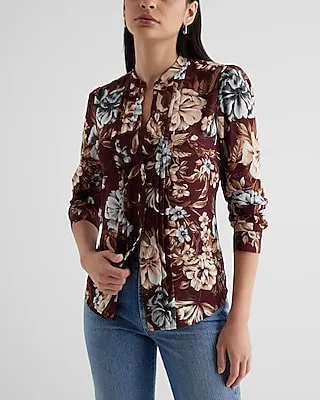 Slim Floral Pleated Portofino Shirt Multi-Color Women's XS