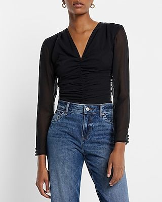 V-Neck Long Sleeve Ruched Front Top Black Women's XS