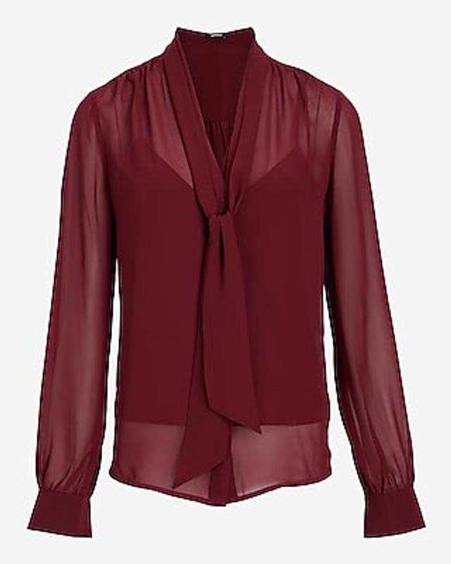 Relaxed Satin Long Sleeve Tie Neck Portofino Shirt