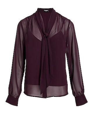 Sheer Long Sleeve Tie Neck Relaxed Portofino Shirt