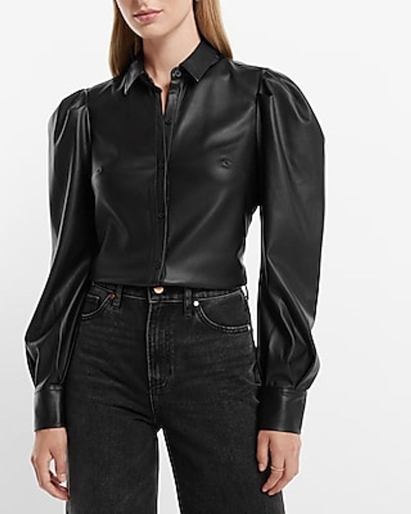 Faux Leather Puff Sleeve Button Up Shirt