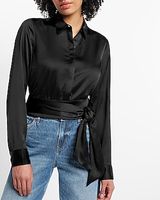 Satin Tie Front Banded Bottom Portofino Shirt Black Women's M