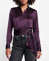 Satin Tie Front Banded Bottom Portofino Shirt Purple Women's XS