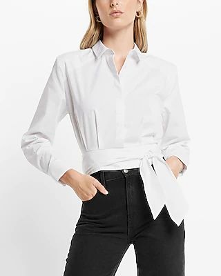 Cotton-Blend Tie Front Banded Bottom Portofino Shirt White Women's XL