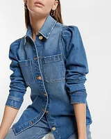 Denim Puff Sleeve Shacket Blue Women's XS