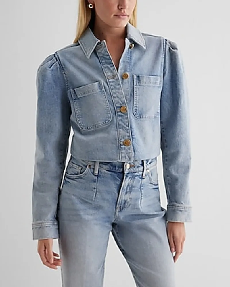 Denim Puff Sleeve Shacket Blue Women's L