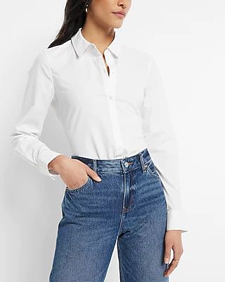Slim Long Sleeve Button Front Shirt White Women's